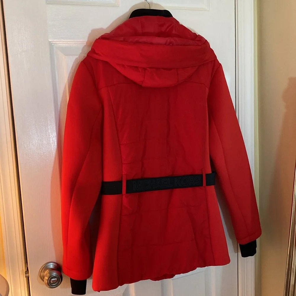 🔥 Michael Kors XL Red 🔥 Belted Winter Coat Jacket Hood - Picture 5 of 16